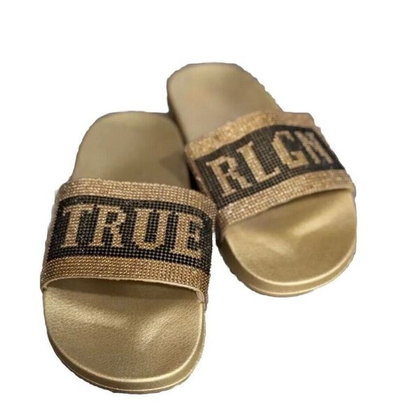 NEW‎ True Religion Jasmin Bling Gold Slides Slippers - SIZE 9 - Picture 1 of 4